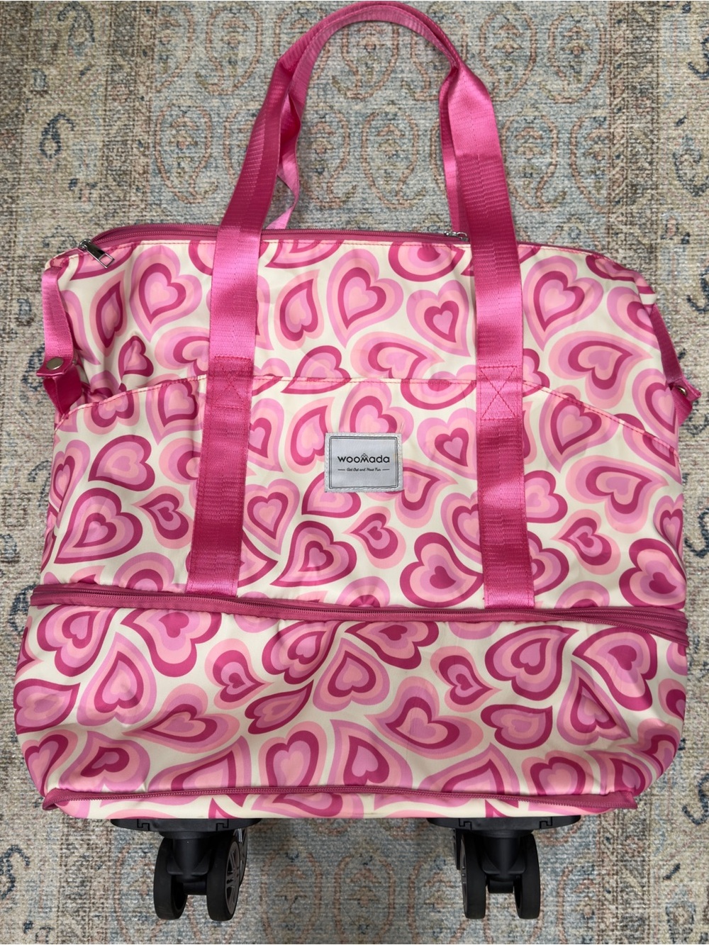 Pink Heart Print Expandable Rolling Tote Bag